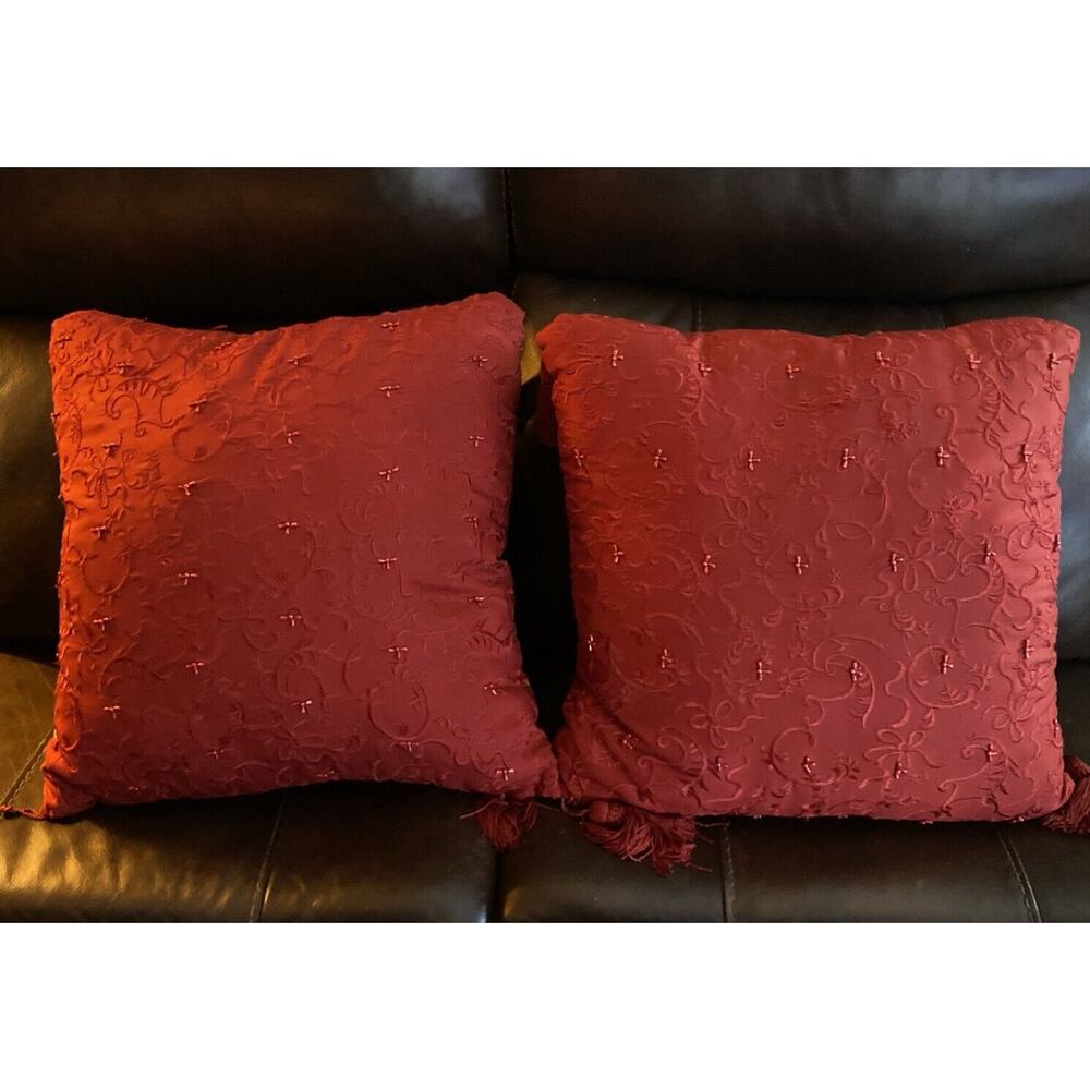 Waterford 2 Silk Throw Pillow Burgundy Red Beaded Embroidery Fringe Toss 16"